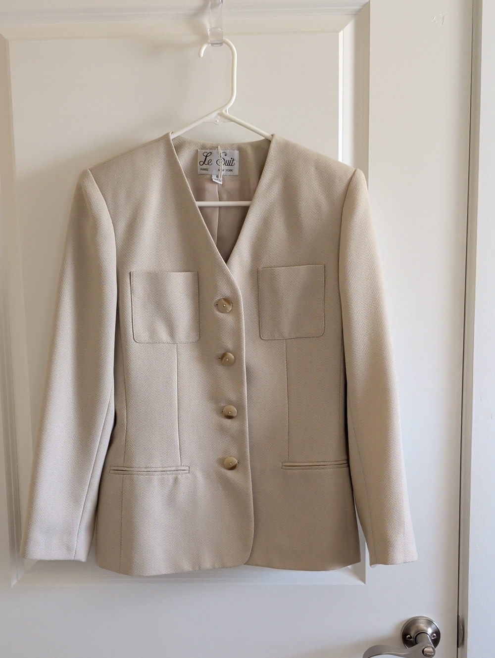 Le Suit Cream Textured Notchless Blazer with Front Pockets